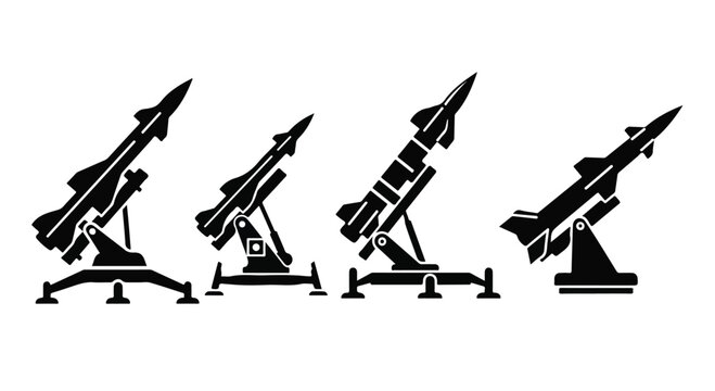 Silhouetted missile launchers poised for action against a stark white background, representing military power