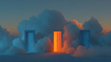 Fototapeta premium Surreal conceptual scene with three doors in clouds and glowing light.