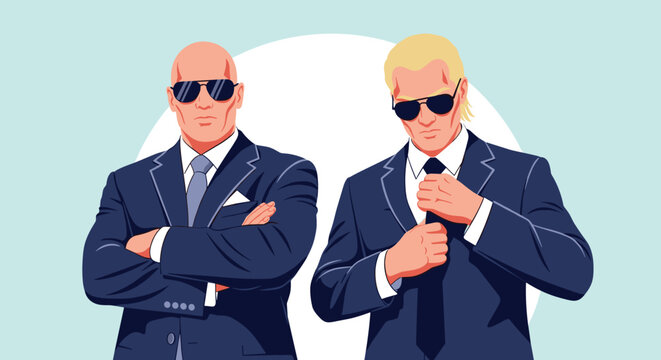 Two professional bodyguards wearing dark suits and sunglasses standing together with serious expressions in a flat vector art style.