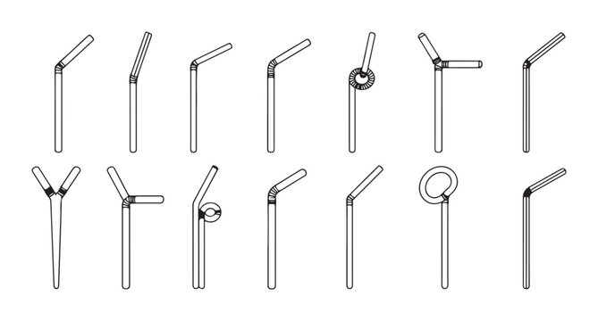 Set of various plastic drinking straws showing different shapes and angles for beverage consumption design.
