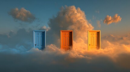 Fototapeta premium Three mysterious doors standing in the clouds representing choices and opportunities.