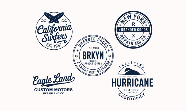 California surfers typography logos with vector stamp badges for vintage lifestyle clothing