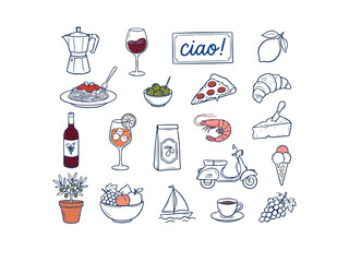 Italian lifestyle and Mediterranean culture icon set with food wine coffee vespa and ciao greeting hand drawn illustration collection © Hanzala's vectors 