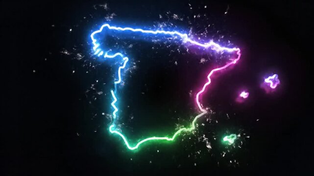 Neon Light Animated Outline of Spain and Balearic Islands with Sparkling Effects on Black Background