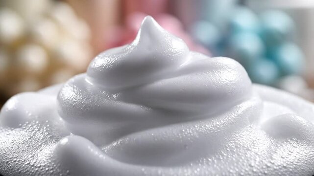 Luxurious white shaving foam dispensing, close up, slow motion, clean skin care concept with blurred background
