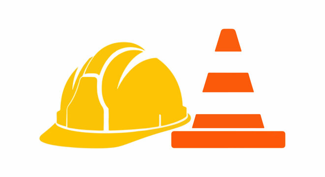 A yellow hard hat and orange traffic cones symbolize construction or work zone safety