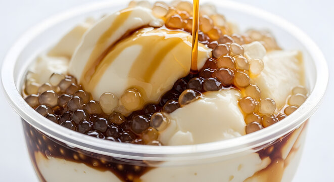 Taho or Philippine sweet comfort food made from chilled silken tofu and sago pearls being poured by brown sugar on its top served in plastic cup shot macro