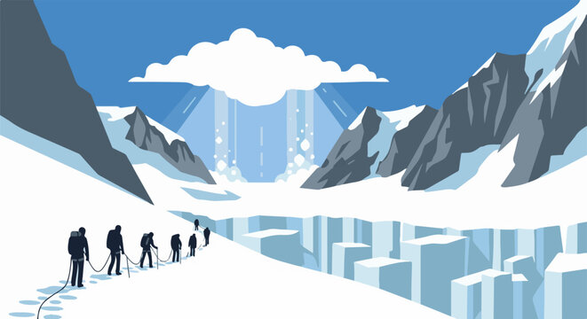 A team of climbers navigate a snowy mountain pass with ice formations