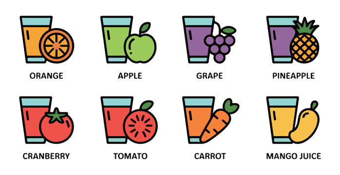 Fruit and vegetable juices vector icons set. collection of healthy beverages in glasses with fresh ingredients.
