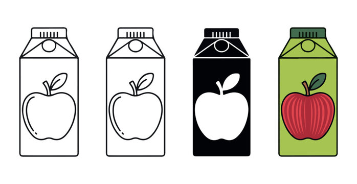 Set of apple juice cartons with different styles of illustration and coloring, simple icons.