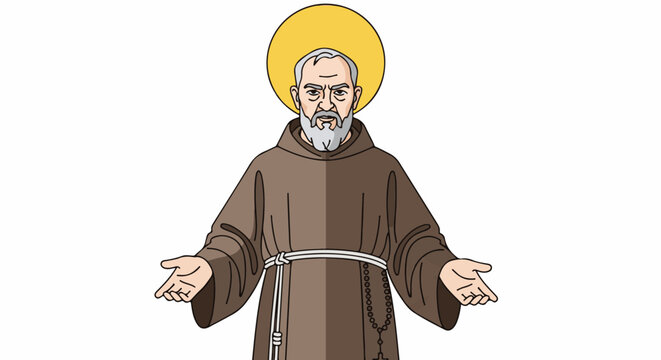 A saintly figure with a halo and outstretched arms, wearing robes