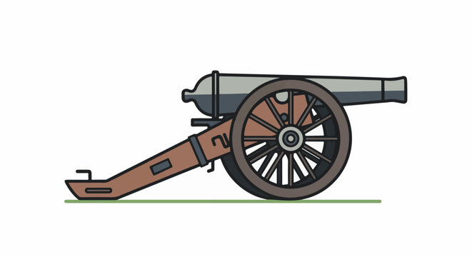 A stylized, flat-design cannon with a wooden carriage and metal barrel on wheels