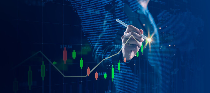 Business professional analyzing financial market growth with digital stock charts and global data interface, representing investment strategy, economic trends, and corporate analytics.