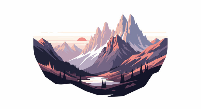 A pixelated mountain range at sunset with a lake below