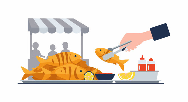 A hand uses tongs to pick up a fried fish from a stall with more fish