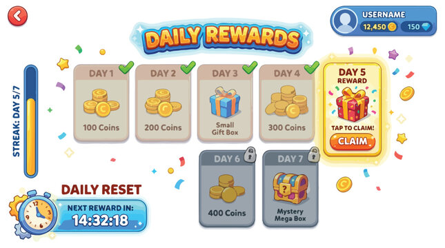 Daily rewards mobile game UI design, cartoon gaming interface with gold coins and gift boxes, casual app login bonus screen vector