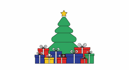 Fototapeta premium A green Christmas tree stands tall surrounded by colorful wrapped presents