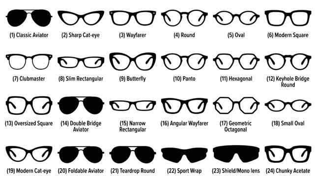 Glasses frame icons set with different eyeglass styles, classic aviator, round, square, and geometric shapes for design
