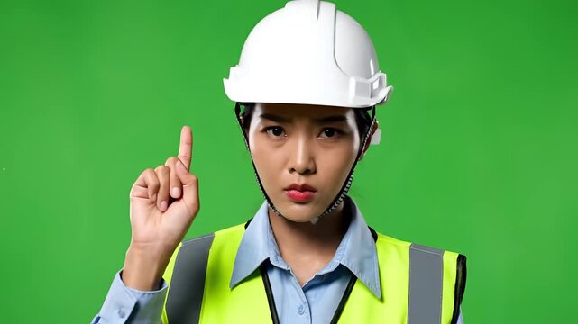 Asian Woman Engineer Wearing Hard Hat and Safety Vest Gesturing No.