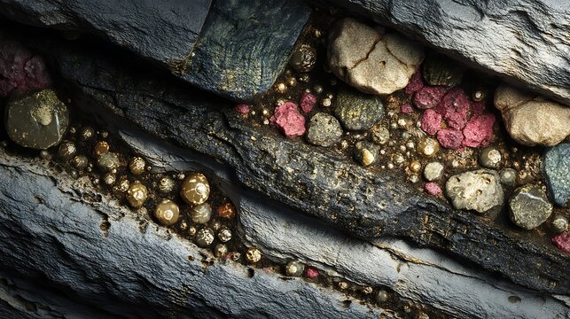 Close up of underground mineral rock texture with gold and crystal gems background
