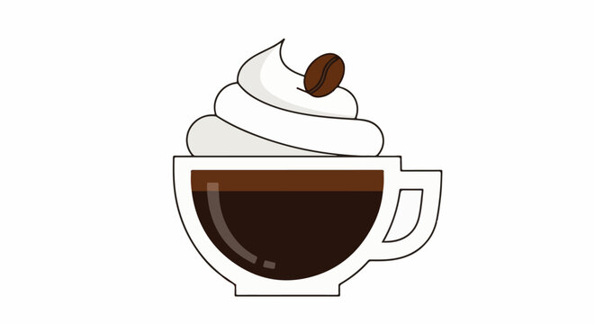 A simple cartoon of a coffee cup with whipped cream and a coffee bean