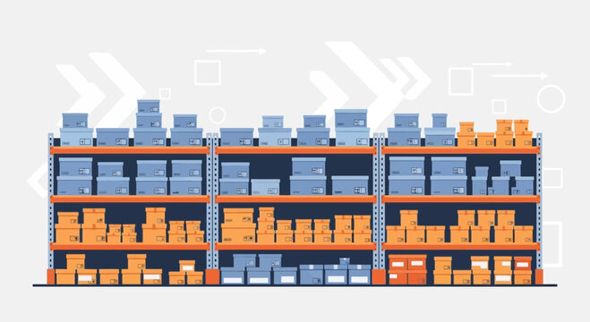 Warehouse shelves stacked with boxes, logistics and storage concept