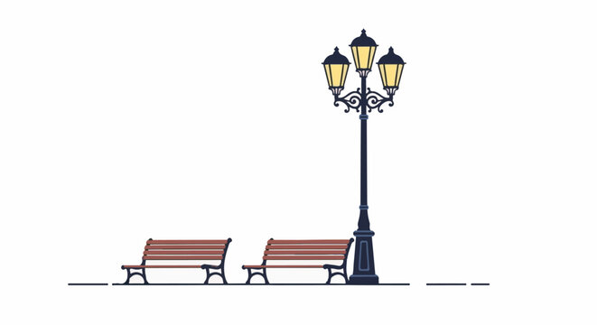 A vintage triple-headed lamppost stands near two wooden park benches