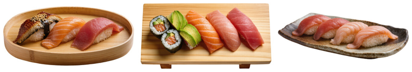 Assortment of sushi and maki rolls with salmon, tuna, eel, and avocado, isolated on transparent background © Trieu