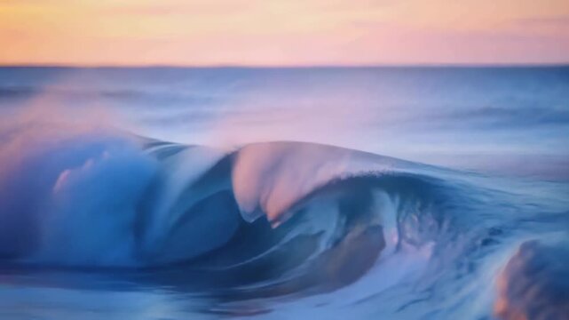 Curling with swell pushing ocean wave into hollow barrel collapsing nearshore at low sun, with foam