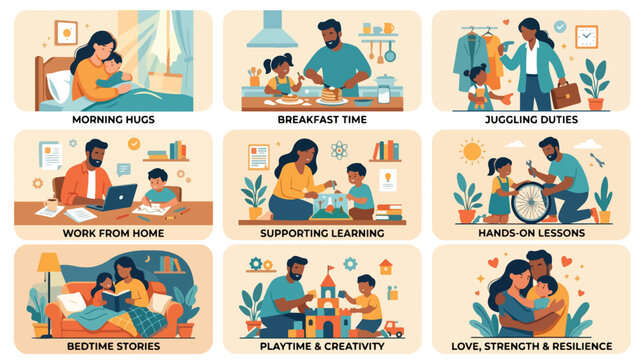Illustrations of diverse family moments on World Parents Day showing love, strength, and resilience in daily life