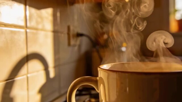 Releasing ceramic mug emitting swirling steam from hot liquid cooling on stovetop, tile backsplash