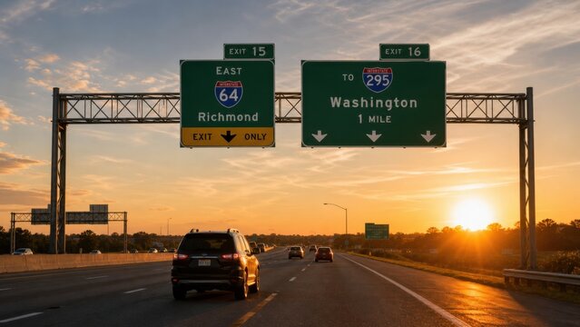 Highway sign directing traffic to Richmond and Washington at sunset, with vehicles traveling on the road and a clear sky in the background