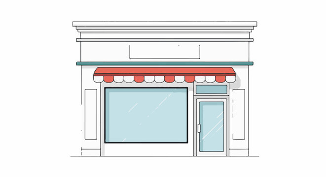 A stylized, cartoonish storefront with a red awning and large display windows