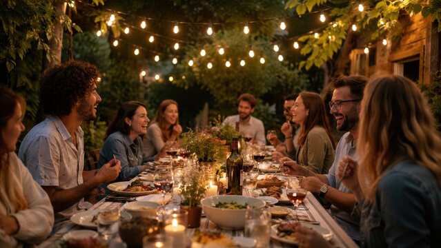 Group of diverse friends enjoying dinner together at a beautifully decorated outdoor table with string lights and lush greenery in the background