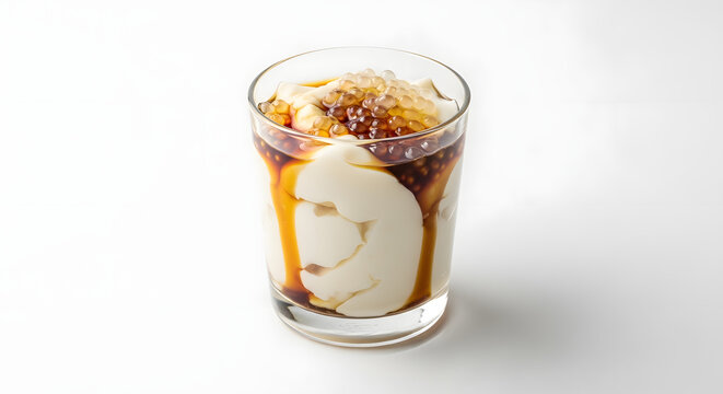 Medium shot of Philippine dessert known as taho. Silken tofu with sago pearls drenched in arnibal or brown sugar sauce served in a glass cup on white background. Food styling and Asian food ideas