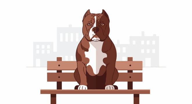 A powerful dog sits patiently on a park bench against a backdrop of stylized buildings