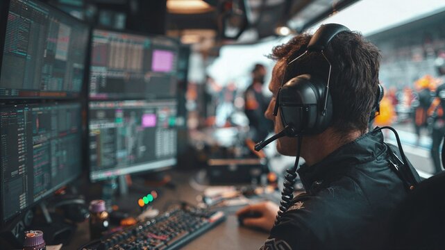 Motorsport engineer analyzing race telemetry data in a high-tech pit garage.