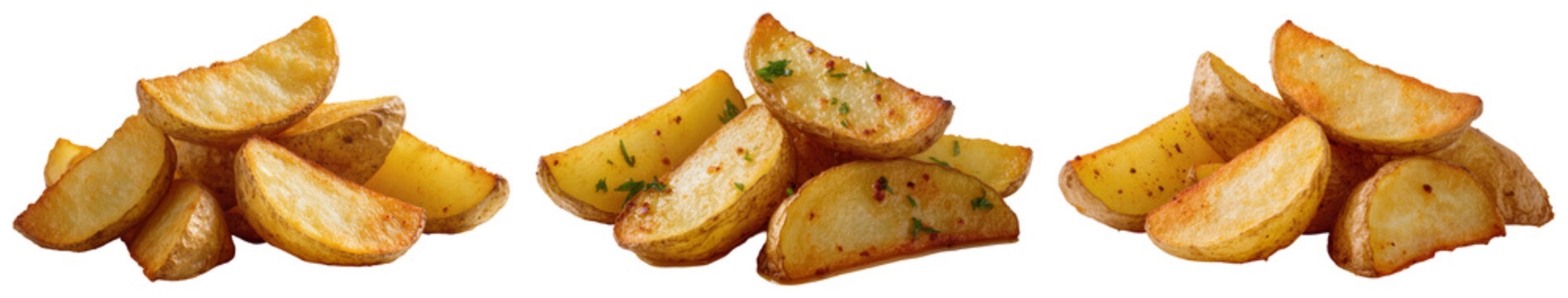 Three piles of golden brown potato wedges seasoned with herbs, isolated on transparent background