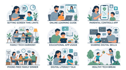 Naklejka premium Illustrations of diverse families and children engaging in digital literacy activities on World Parents Day in a colorful and educational setting