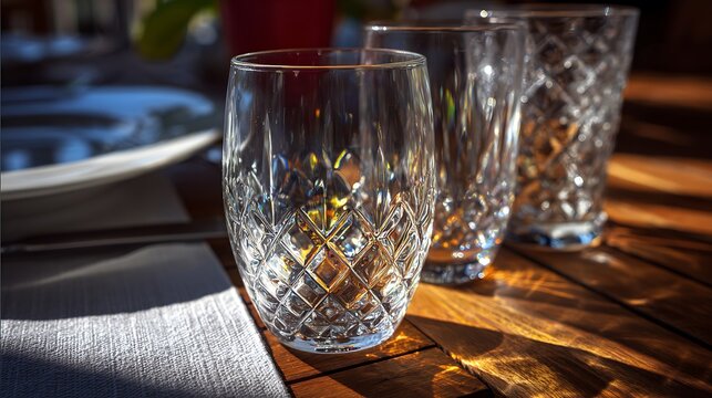 Three elegant crystal glasses on a wooden table at sunset.