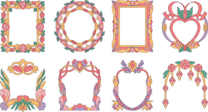 Vector Set of Decorative Floral and Ribbon Frames Including Square, Rectangular, Circular, and Heart-Shaped Designs for Greeting Cards, Invitations, Wedding, Children, and Digital Illustration Project