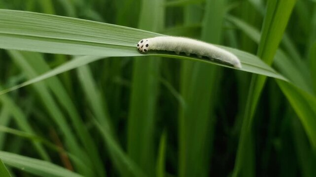 Close up of a Conjoined Swift, Pelopidas conjuncta, Hesperiidae caterpillar butterfly is weaving silk thread to make a protective shelter for its host, namely the rice plant or Oryza sativa (Poaceae).