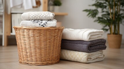 Fototapeta premium Wicker Laundry Basket With Stacked Clean Towels And Blankets.