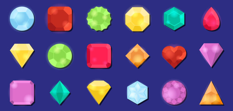Colorful gemstone collection in flat style. Set of diamond, jewel and crystal game asset illustrations
