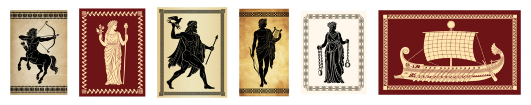 Ancient Greece mythology silhouettes set, greek gods, goddess and creatures on vintage paper textures with meander border collection