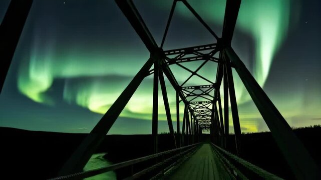 Framing steel truss bridge showing wooden deck at night, aurora forming from solar wind