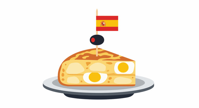A slice of Spanish omelet on a plate with a flag and olive on a toothpick