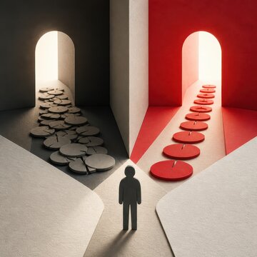 Conceptual split path illustration of a person facing a choice between dark and red routes in a paper cutout style
