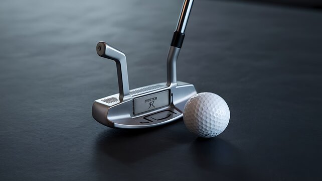 Professional golf putter with ball on dark sports background lighting
