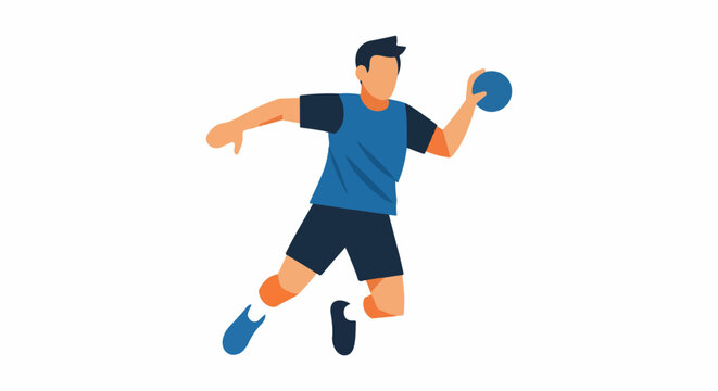 A person in athletic attire throws a ball while in mid-air, isolated on white
